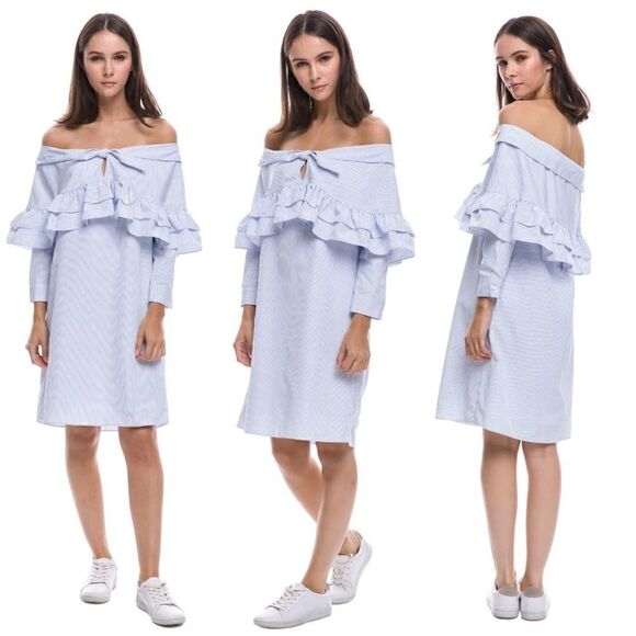 English Factory Off the Shoulder Ruffle Mini Dress || SZ S || Powder Blue - Picture 1 of 14